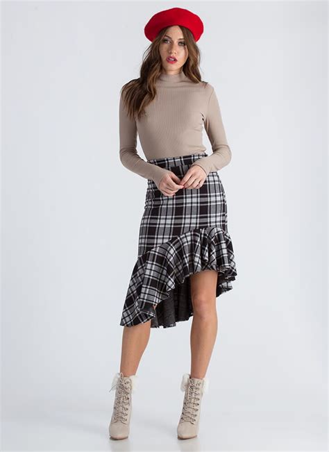 Plaid Vibes Asymmetrical Ruffled Skirt Blackwhite Asymmetrical Ruffled Skirt