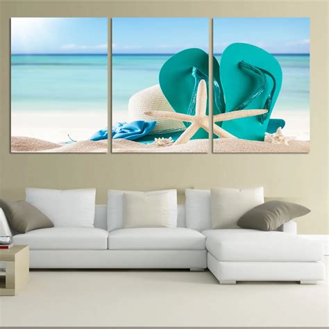 3 Panel Large Beach Canvas Seascapes Shoses And Star Paintings Wall Art
