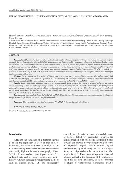 PDF USE OF BIOMARKERS IN THE EVALUATION OF THYROID NODULES IS THE KING NAKED