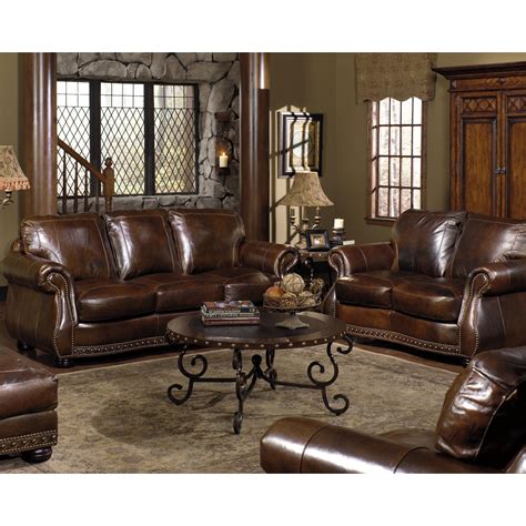 Usa Premium Leather 8755 8755 30 Stationary Sofa W Nailhead Trimming