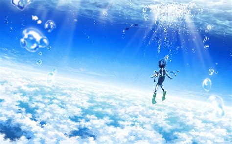 Anime Illustration Sky Sea Clouds Bubbles Hd Wallpaper Wallpaper