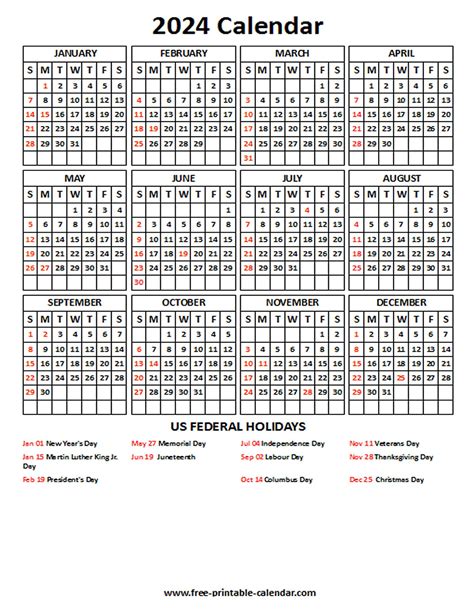 2024 Calendar With Us Holidays Free Printable