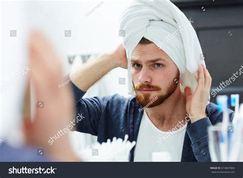 Man Looking Mirror After Washing Hair Stock Photo 614667869 Shutterstock