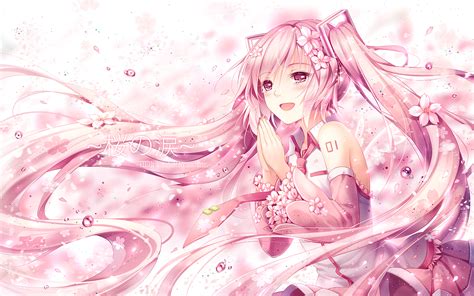 Cherry Blossoms Flowers Hatsune Miku Long Hair Petals Pink Eyes Pink