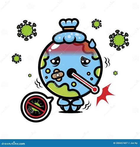 Cartoon Cute Earth Character Is Sick With A Virus Stock Vector