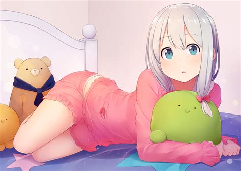 Izumi Sagiri Silver Hair Eromanga Sensei Navels White Background Blue Eyes Red Ribbon