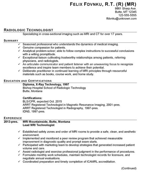 sample resume for radiologic technologist