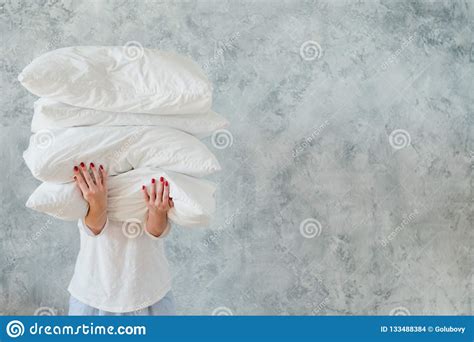 Woman Hold Pile White Pillows Bedding Sleeping Stock Photo Image Of