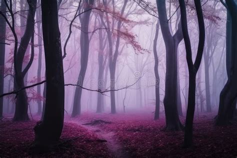Magical Forest With Dark Purple Fog Mysterious And Enchanting Stock
