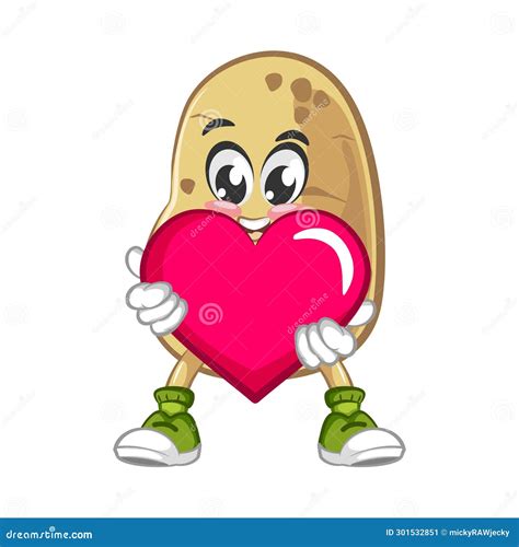 Vector Cute Potato Mascot Hugging Pink Heart Stock Illustration