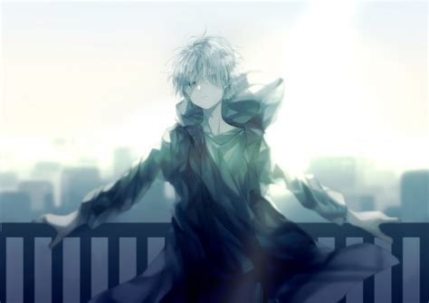 Wallpaper Cool Anime Boy Hoodie White Hair Fence Cityscape