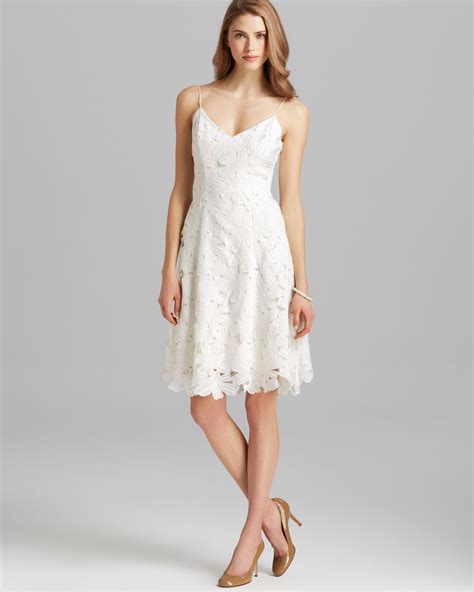 Vera Wang Dress V Neck Spaghetti Strap Lace Fit And Flare In White Lyst
