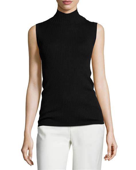 Vince Ribbed Turtleneck Sleeveless Top In Black Lyst