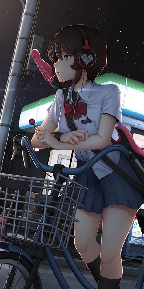Cute Anime Girl With Bicycle Listening Music On Headphones One Plus 5t