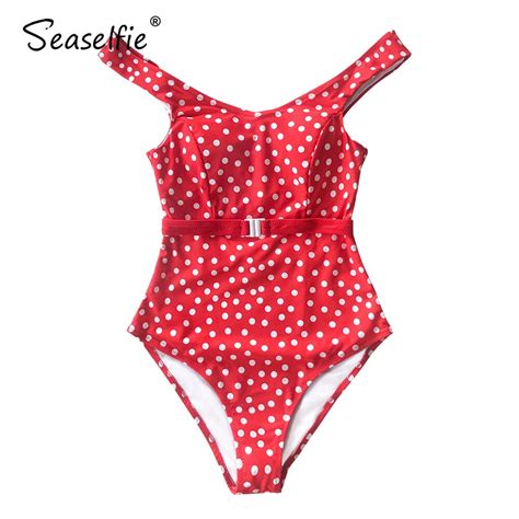 SEASELFIE Red Polka Dot One Piece With Belt Women Sexy Cut Out Swimsuit Monokinis Swimming