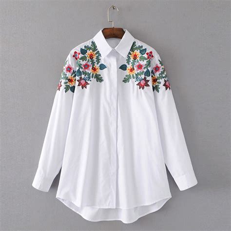 Floral Embroidered Blouse Shirt 2017 Autumn Women Slim White Turn Down