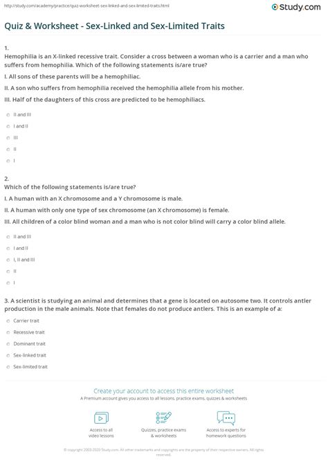 Quiz And Worksheet Sex Linked And Sex Limited Traits