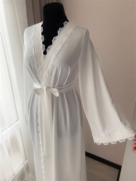 Long Bridal Robe With Lace Ivory Robe Morning Lingerie Etsy