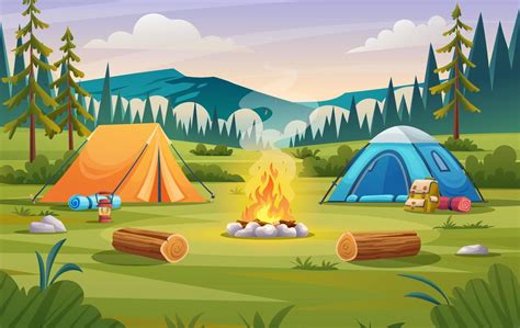 Nature Camp Landscape With Tents Campfire Backpack And Lantern