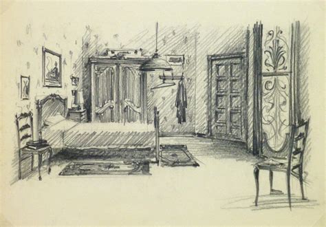 Pencil Drawing Bedroom Interior Circa 1950
