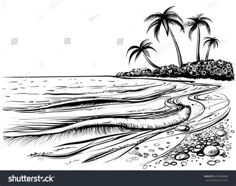 Ocean Or Sea Beach With Waves Sketch Black And White Vector