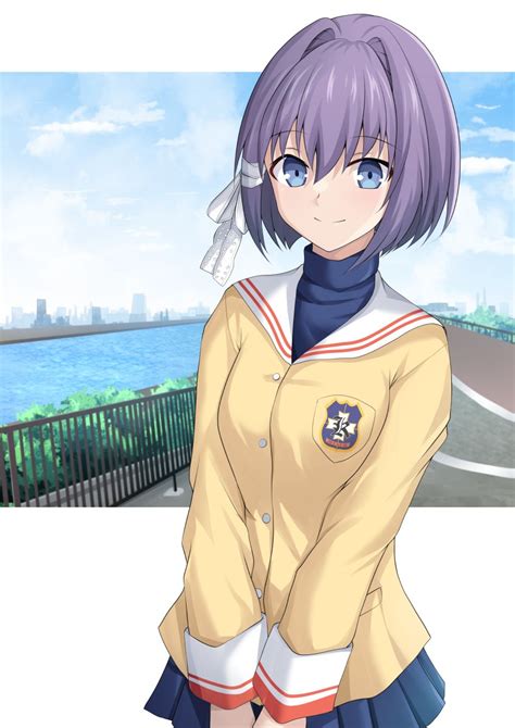 Safebooru 1girl Blue Eyes Blue Sky Building Bush Character Request City Clannad Clouds Cloudy
