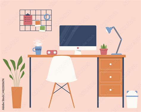 Modern Aesthetic Office Desk Interior Flat Design Illustration Stock