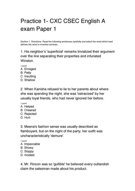 Test 1 May 2019 Questions Practice 1 Cxc Csec English A Exam Paper