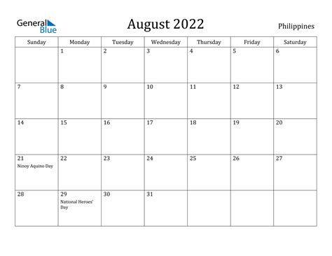 August 2022 Calendar Philippines
