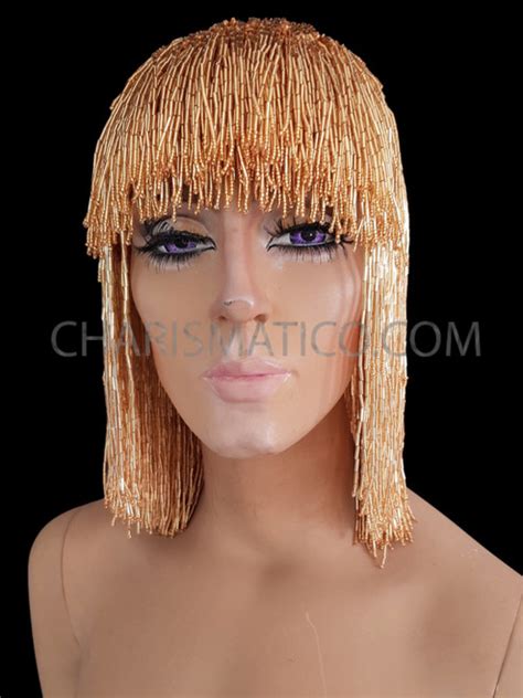 gold iridescent seed bead cher inspired bob beaded wig
