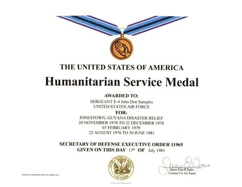 Humanitarian Service Medal Certificate Military Certificates Medals