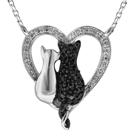 Tender Voices 15cttw Black And White Diamond Momma Cat And Kitten Heart Pendant In Sterling
