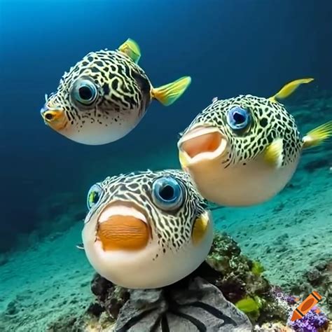 Three Adorable Puffer Fish Swimming Together In An Ocean Reef On Craiyon