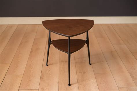 Mid Century Modern Two Tier Triangle Black And Walnut End Table Mid