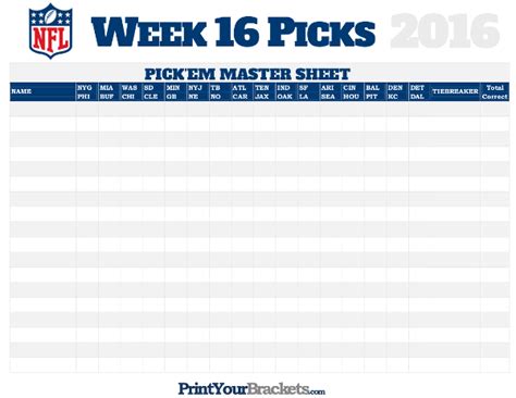 Nfl Week 16 Picks Master Sheet Grid