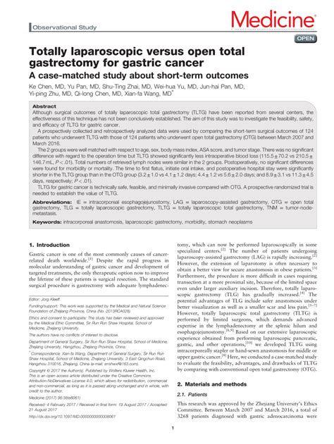 Pdf Totally Laparoscopic Versus Open Total Gastrectomy For Gastric Cancer A Case Matched