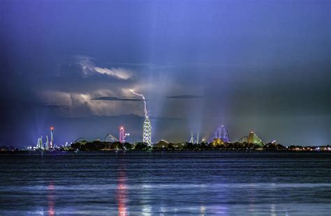 Lightning Storm Hovering Over Cedar Point Amusement Park In Sandusky