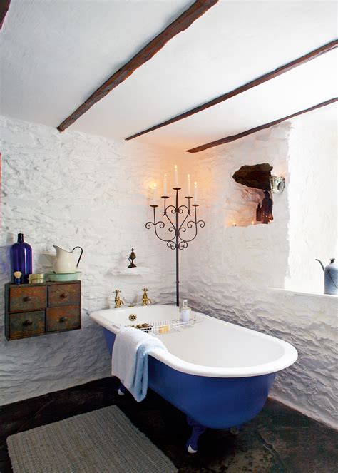 Blue Roll Top Bath With Plaster Walls And Candle Holder Dream Cottage