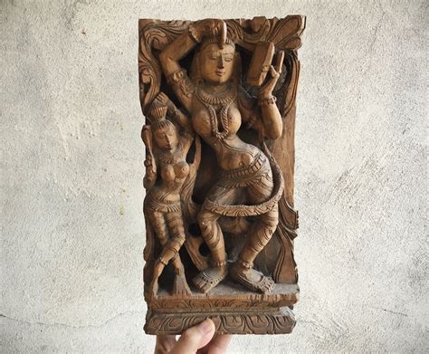 India Antique Carved Wood Panel Hindu Goddess Lakshmi Laxmi