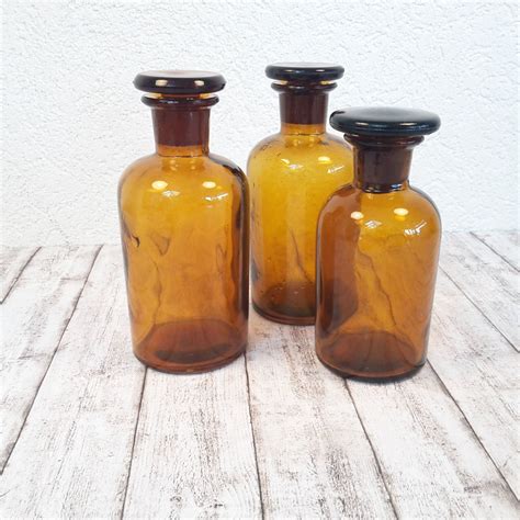 Set Of Three Vintage Amber Glass Apothecary Bottles Small Brown Glass