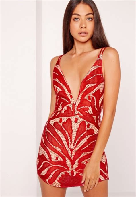 Missguided Strappy Plunge Lace Contrast Bodycon Dress Red Glamorous