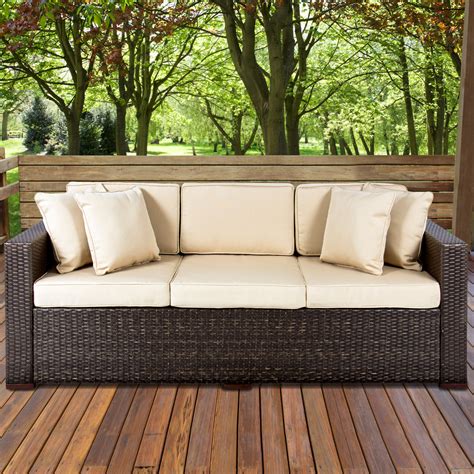Outdoor Wicker Patio Furniture Sofa 3 Seater Luxury Comfort Brown