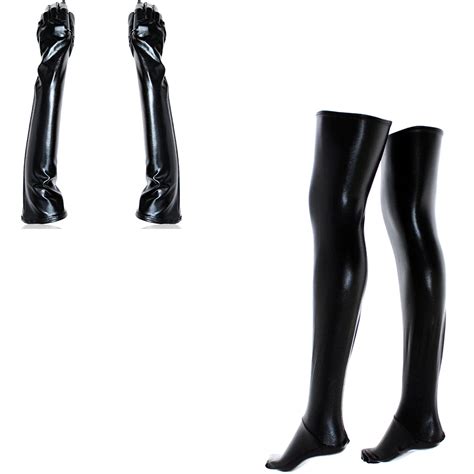 Black Sexy Metallic Long Gloves Thigh High Leggings Sm Leather