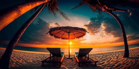 Premium Photo Beautiful Tropical Sunset Scenery Two Sun Beds Loungers