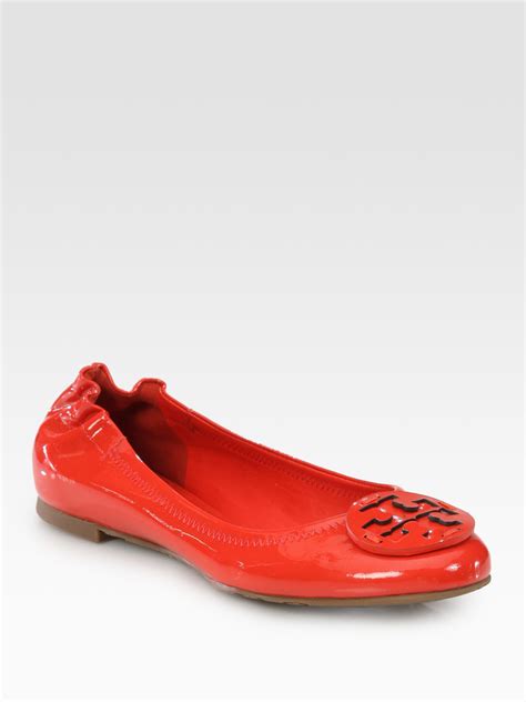 Tory Burch Reva Patent Leather Logo Ballet Flats In Red Lyst