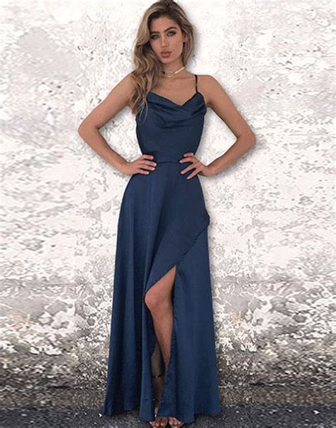 Simple A Line Spaghetti Straps Navy Blue Chiffon Long Prom Dress With Split On Storenvy