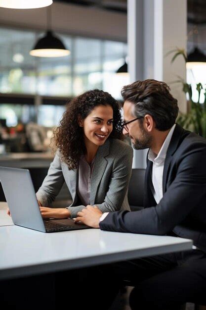 Premium Ai Image Smiling Businesswoman Discussing Over Laptop With