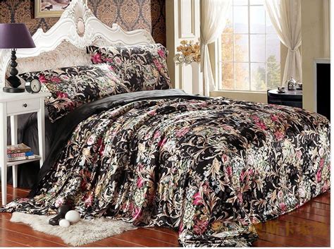 Black Floral Silk Satin Luxury Bedding Comforter Set King Queen Full