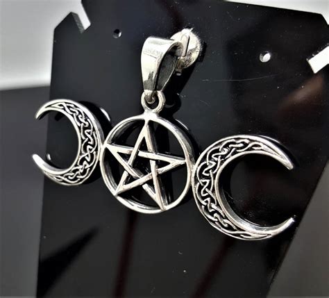 Triple Moon Goddess Sterling Silver 925 Pendant Pentagram Star Pagan