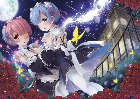 Aqua Eyes Aqua Hair Building Flowers Headdress Hyouta Nekogamirin C Maid Moon Night